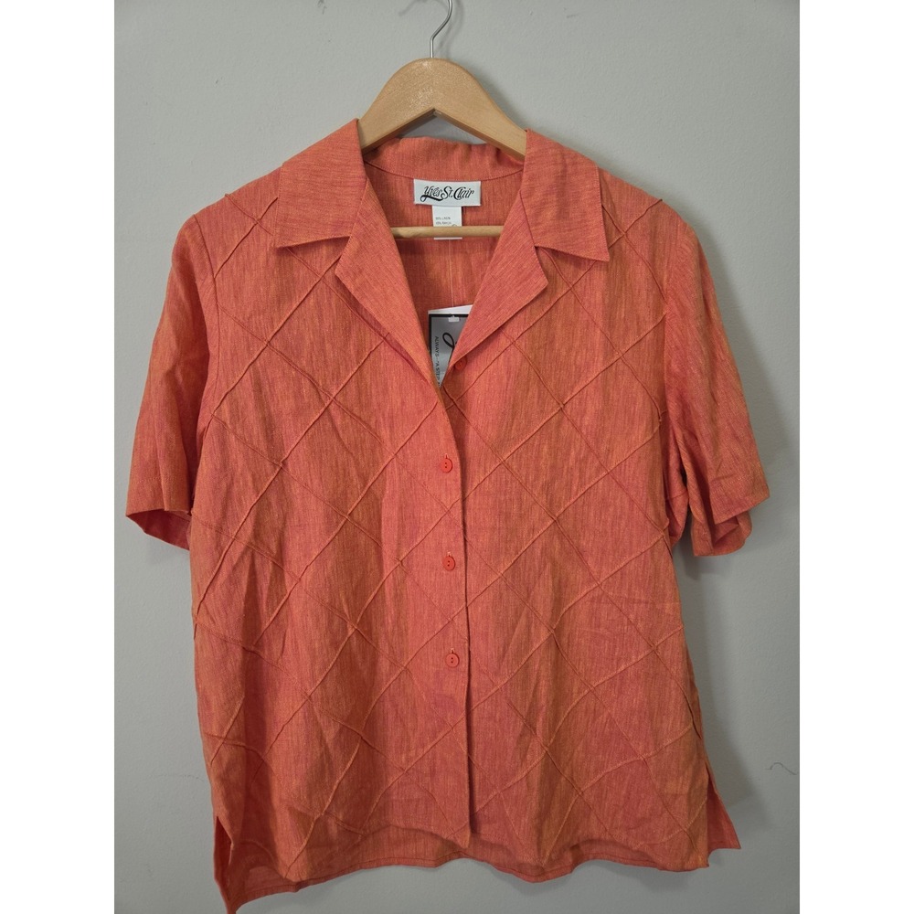 Yves St. Clair Linen Blend Diamond Texture Button Down Shirt Orange Coral 12 NWT